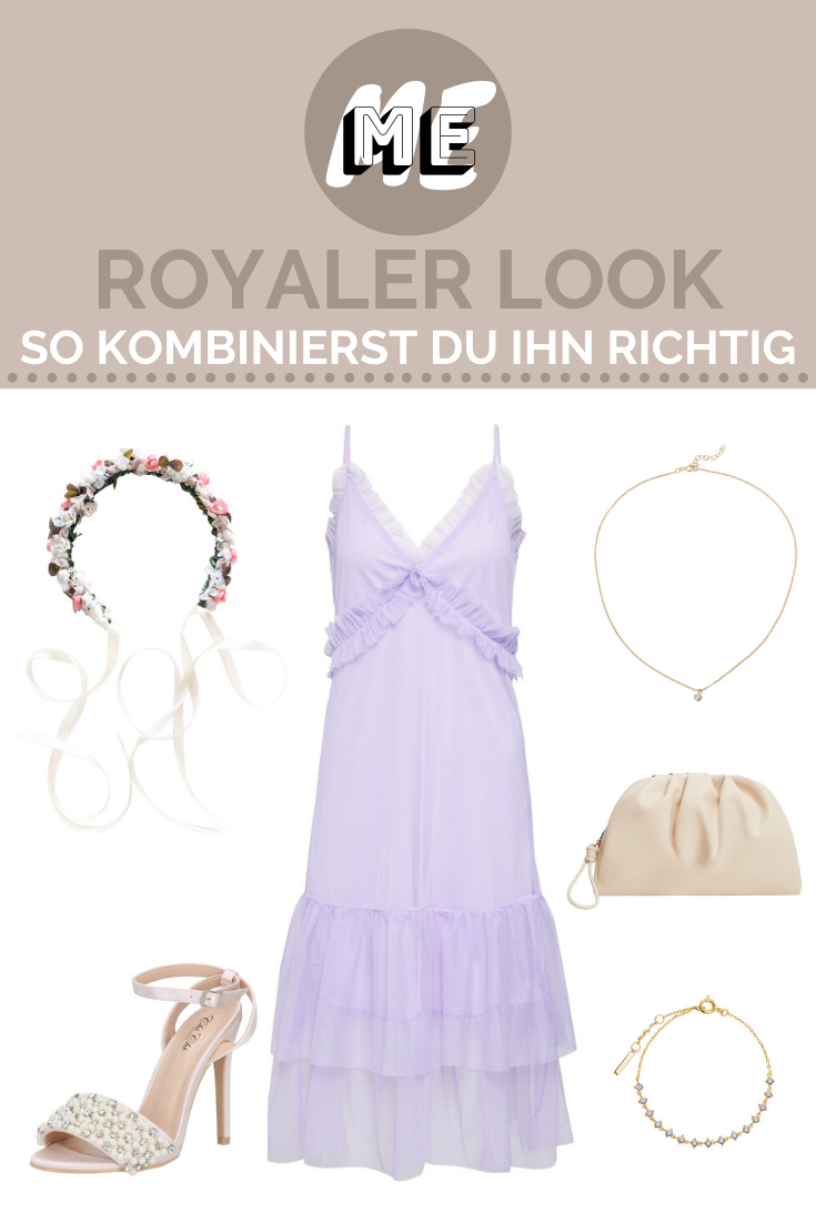 Royaler Look Bridgerton2 Collage mit einem fliederfarbenen Kleid und Accessoires wie Schmuck, eine Tasche und Schuhe rundherum platziert. Der Titel der Collage ist Royaler Look. So kombinierst du ihn richtig.