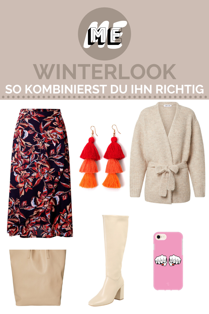 Winterlook_OOTW Collage mit Cardigan, Rock, Stiefeln, Ohrringen, einer Handyhülle und einer Tasche