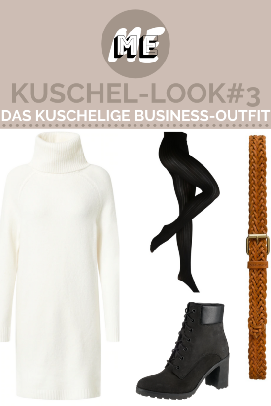 Kuschelige Outfits Nr. 3 Grafik für kuschelige Outfits mit weißem Strickkleid, schwarzer Strumpfhose, brauner Gürtel und schwarzen Stiefeletten.
