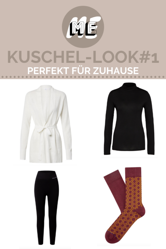 Kuschelige Outfits Nr. 1 Grafik mit weißem Cardigan, schwarzer Leggings, roten Socken und schwarzem Turtleneck für kuschelige Outfits.