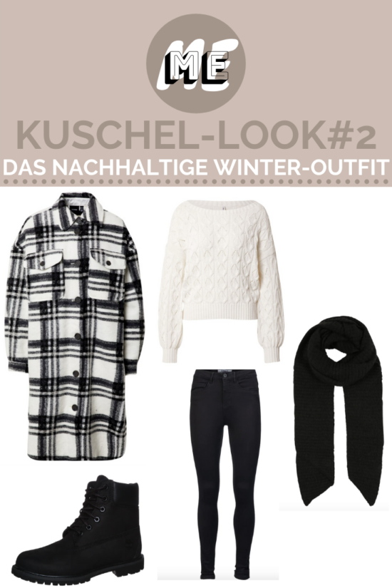 Kuschelige Outfits Nr.2 Grafik mit karierten Mantel, weißem Strickpullover, schwarzer Jeans, Schal und Boots für kuschelige Outfits.