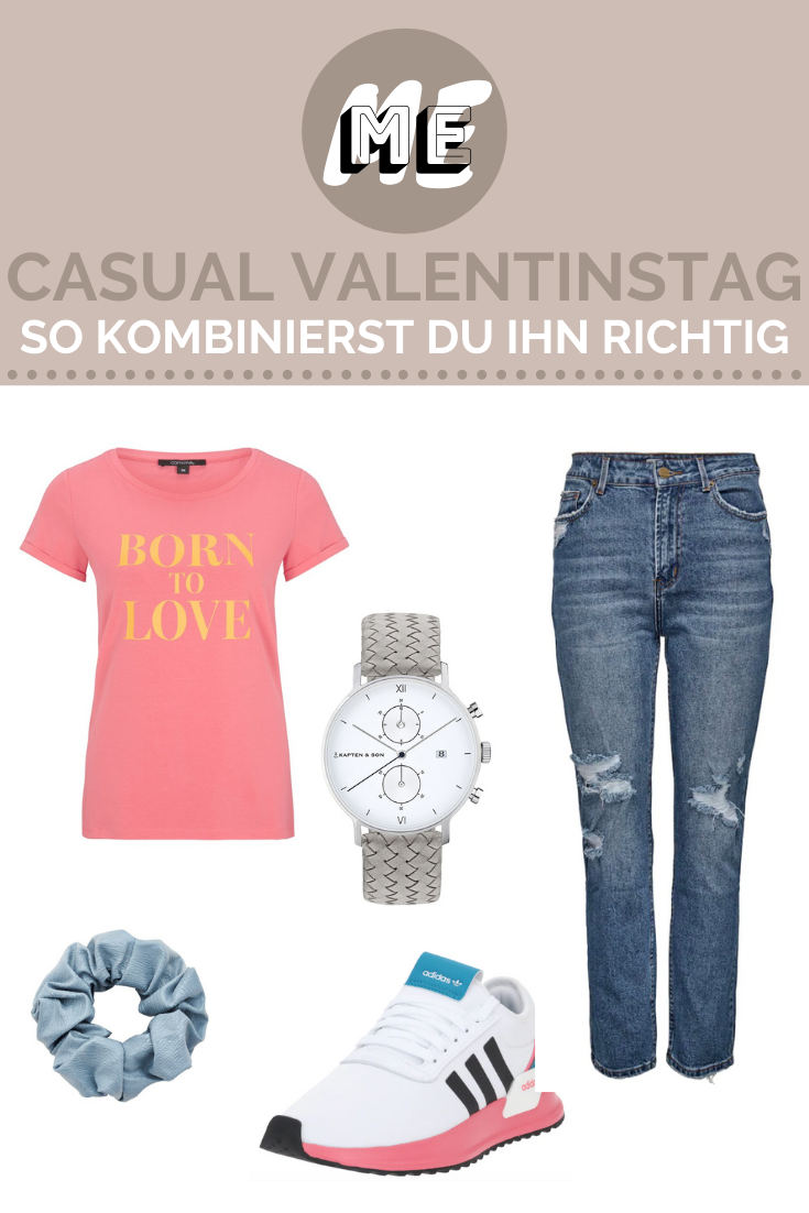 Casual Valentinstag Casual Valentinstagslook in Form einer Collage mit einem Shirt, Jeans, einer Uhr, einem Scrunchie und Sneakern.
