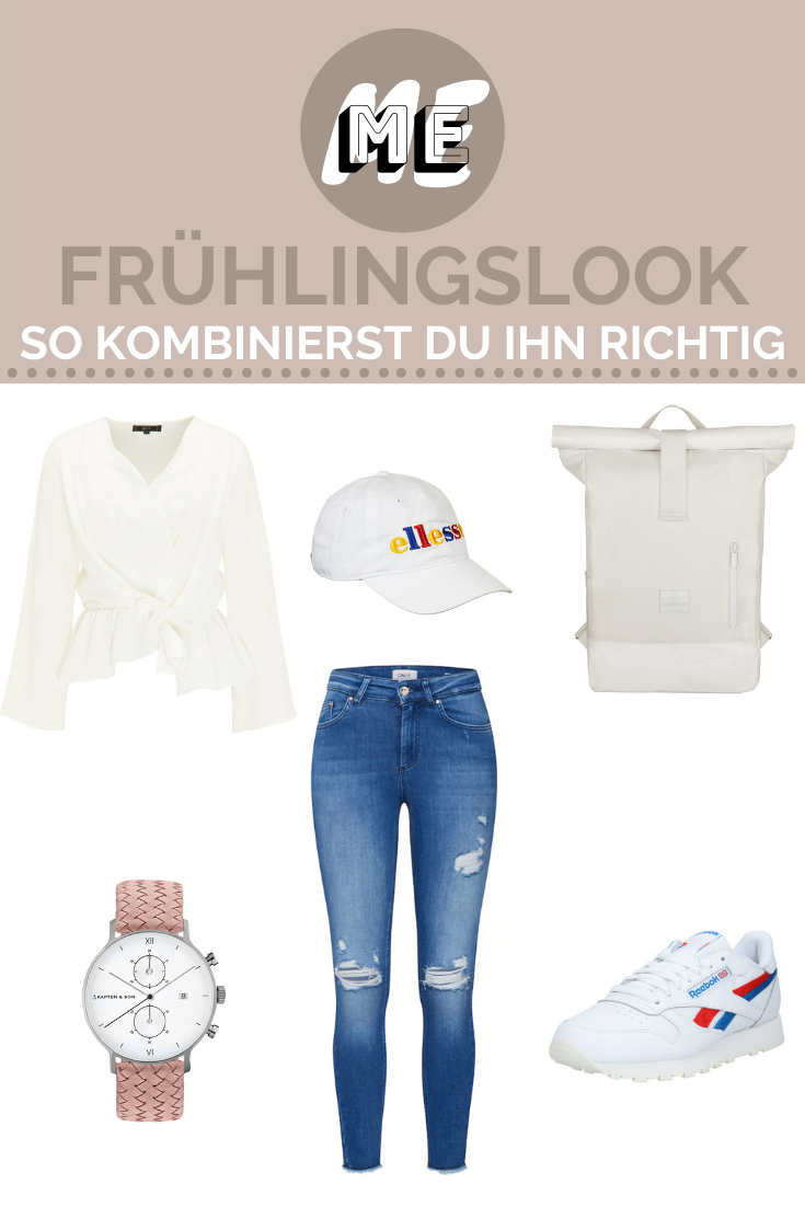 Collage eines Frühlingslooks mit einer Jeans, einer Bluse, einer Cap, einem Rucksack, Sneakern und einer Uhr