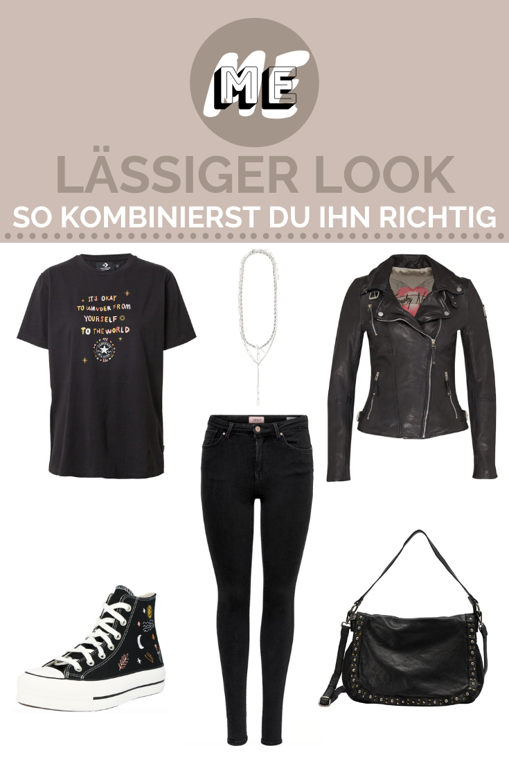 Collage mit einem T-shirt, einer Hose, einer Lederjacke, Converse Schuhen, einer Ledertasche und einer Kette zum Thema lässiger Look.