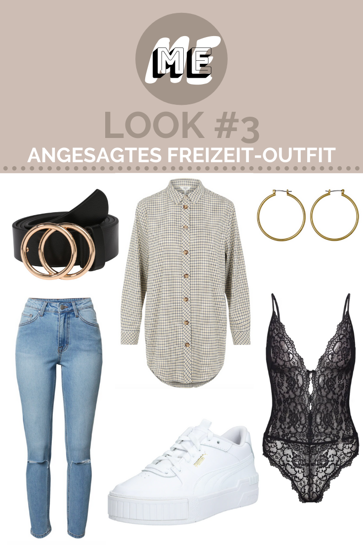 Look mit Oversized-Bluse Nr. 3 Collage mit karierter Oversized-Bluse, Mom-Jeans, Gürtel, Spitzenbody und Sneakern.