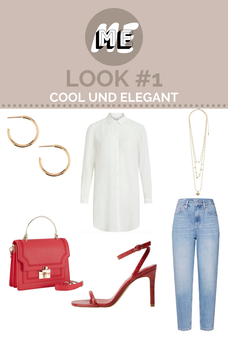 Oversized-Bluse: Look Nr.1 Collage mit weißer Oversized-Bluse, Mom-Jeans, roten High-Heels und Handtasche und goldenen Schmuck.