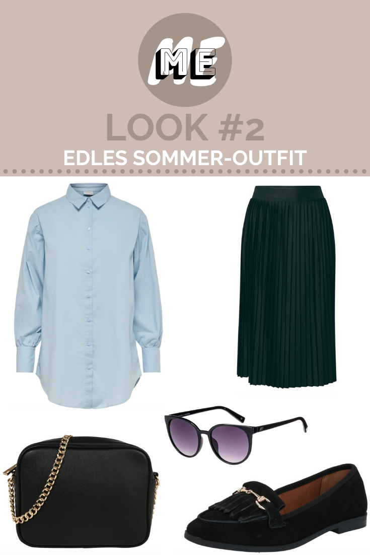 Look mit Oversized-Bluse Nr. 2 Collage mit hellblauer Oversized-Bluse, einem schwarzen Plisseerock, Sonnenbrille, Slippern und einer Handtasche.