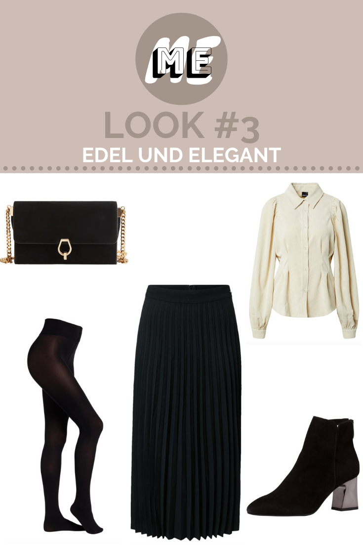Plisseerock-Look Nr.3 Collage mit schwarzen Plisseerock, weißer Bluse, schwarzer Tasche, Stiefeletten und Strumpfhose.