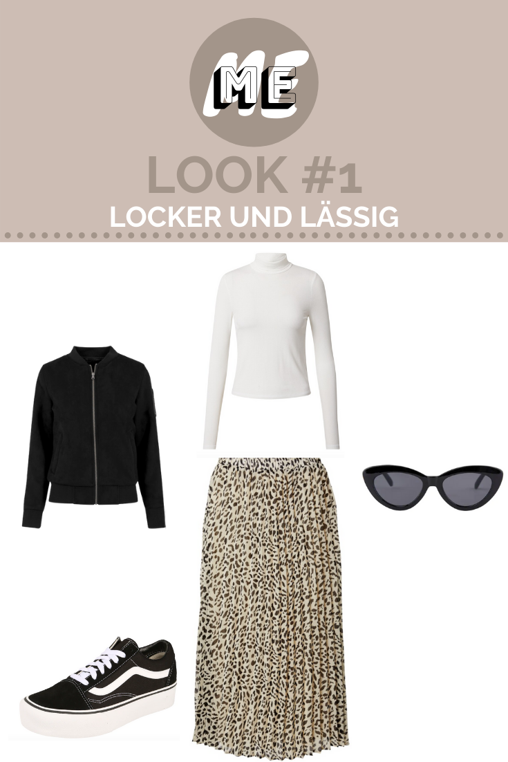 Plisseerock-Look Nr.1 Collage mit Plisseerock, weißem Turtleneck, einer Lederjacke in Schwarz und Vans.