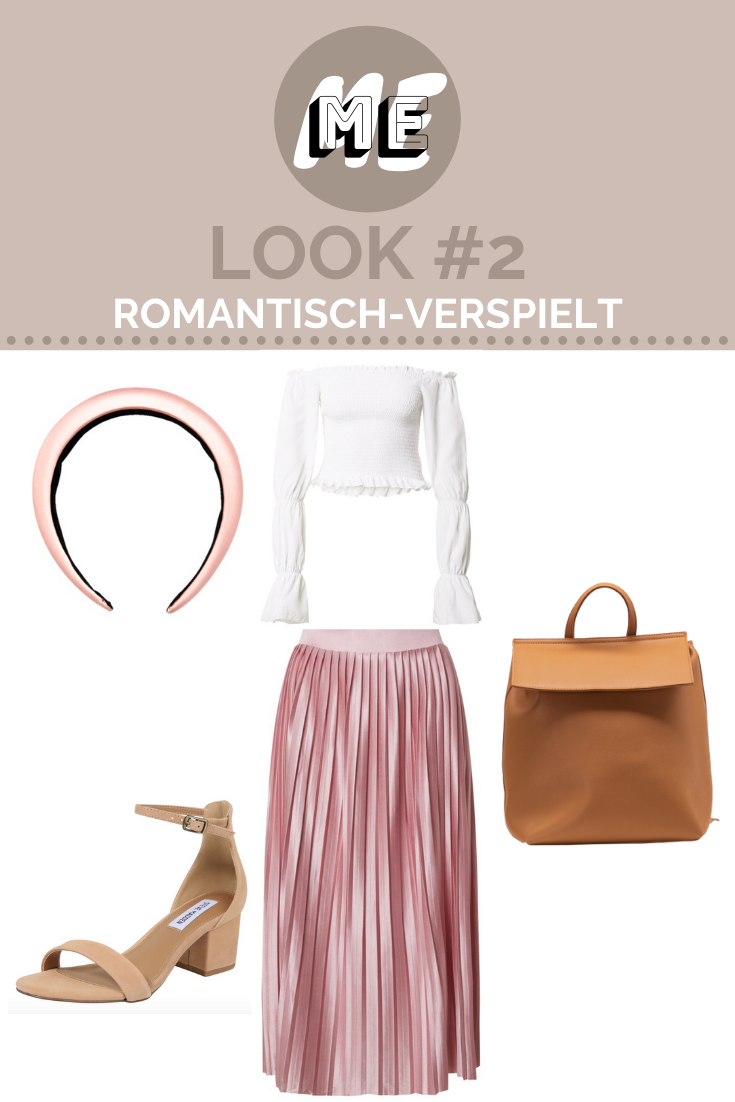 Eine Collage mit einem rosa Plisseerock, einem gerüschten Oberteil, einem Haarreif und Schuhe und Tasche.