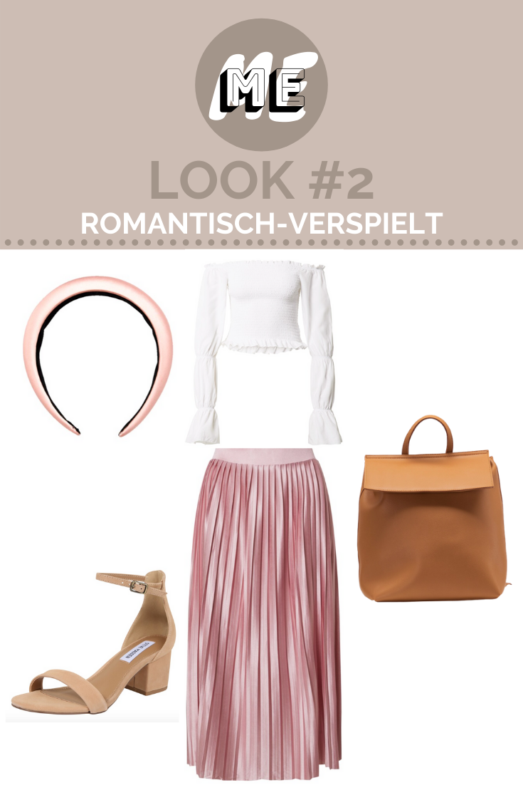 Plisseerock-Look Nr.2 Eine Collage mit einem rosa Plisseerock, einem gerüschten Oberteil, einem Haarreif und Schuhe und Tasche.