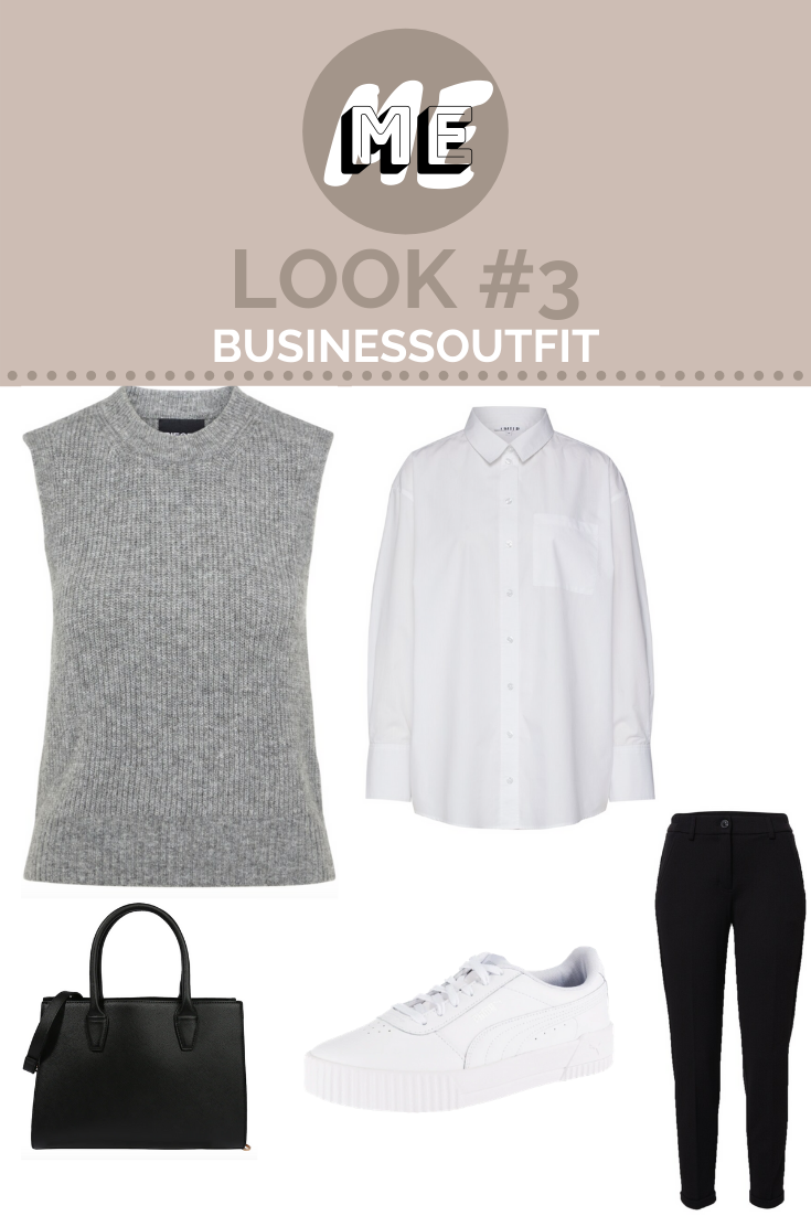 Collage mit einem grauen Pullunder, schwarzer Karottenhose, einer weißen Bluse, weißen Sneaker und einer schwarzen Handtasche.