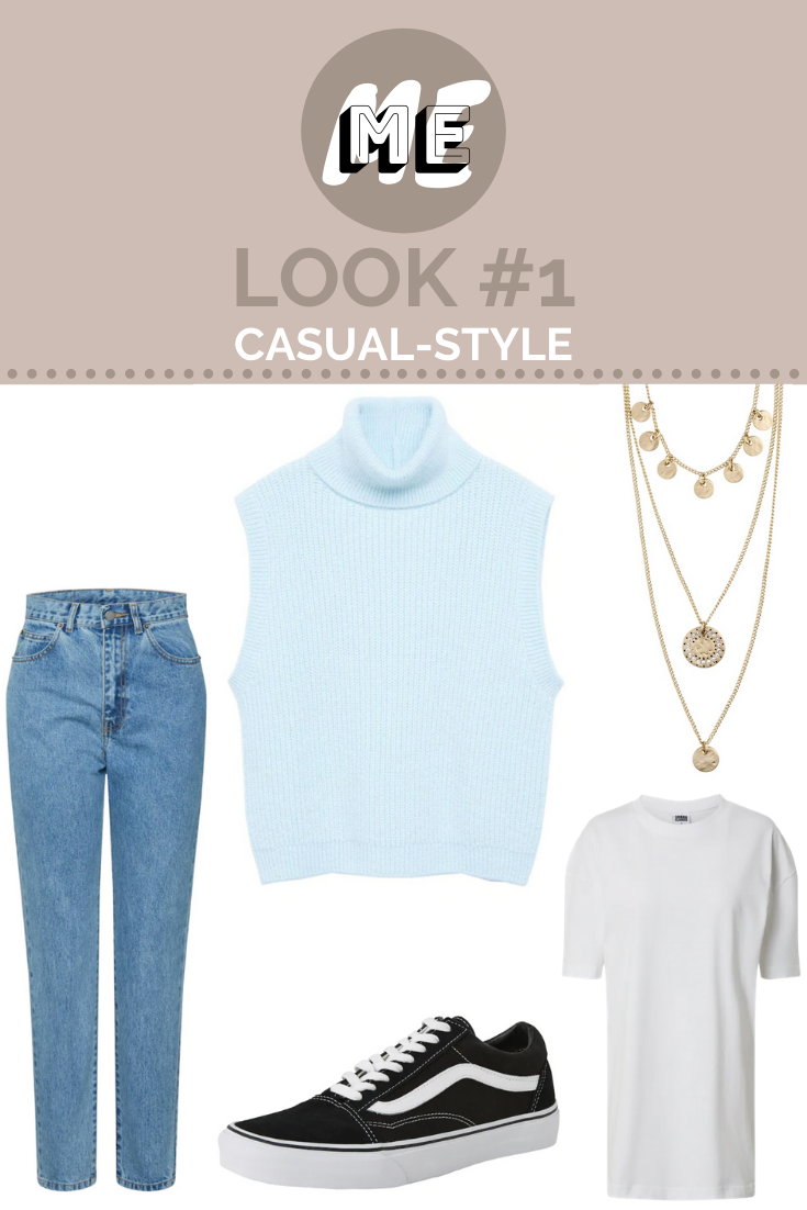 Pullunder-Outfit 1 Collage mit blauem Pullunder, weißem Shirt, einer Kette, Vans und Jeans.