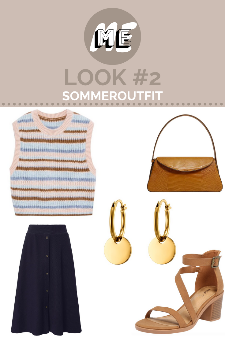 Pullunder-Outfit 2 Collage mit einem gestreiften Pullunder, einem dunkelblauen Rock, goldenen Ohrringe und braune Schuhe und Tasche.