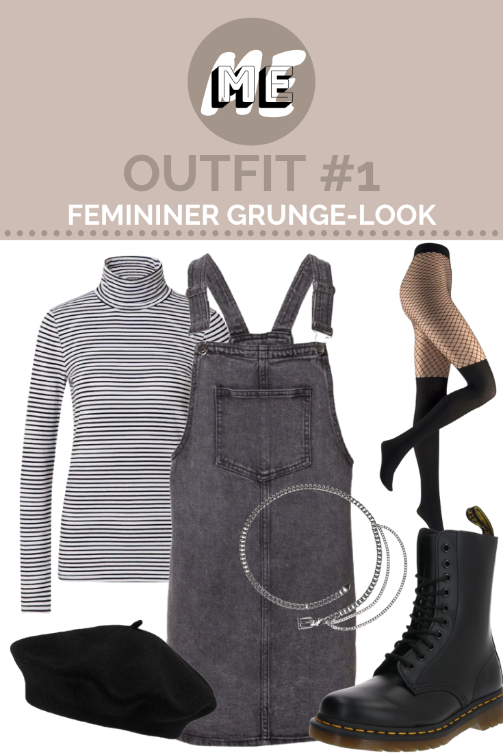 Grunge Outfits Feminin Collage für Grunge Outfits mit Latzkleid, Turtleneck, schwarzen Stiefeln, Strumpfhose und Baskenmütze.