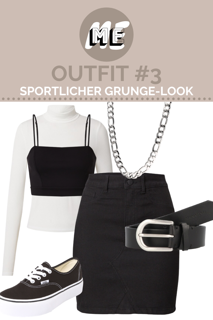Sportliche Grunge Outfits Collage für Grunge Outfits mit weißem Turtleneck, schwarzen Crop Top und Minirock und Sneakern.