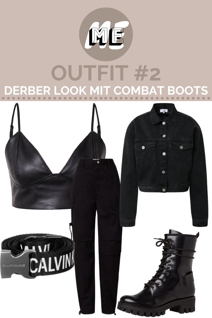 Derbe Grunge Outfits Collage für Grunge Outfits mit Crop Top aus Leder, Cargohose, schwarzer Gürtel, Jeansjacke und Stiefeln.