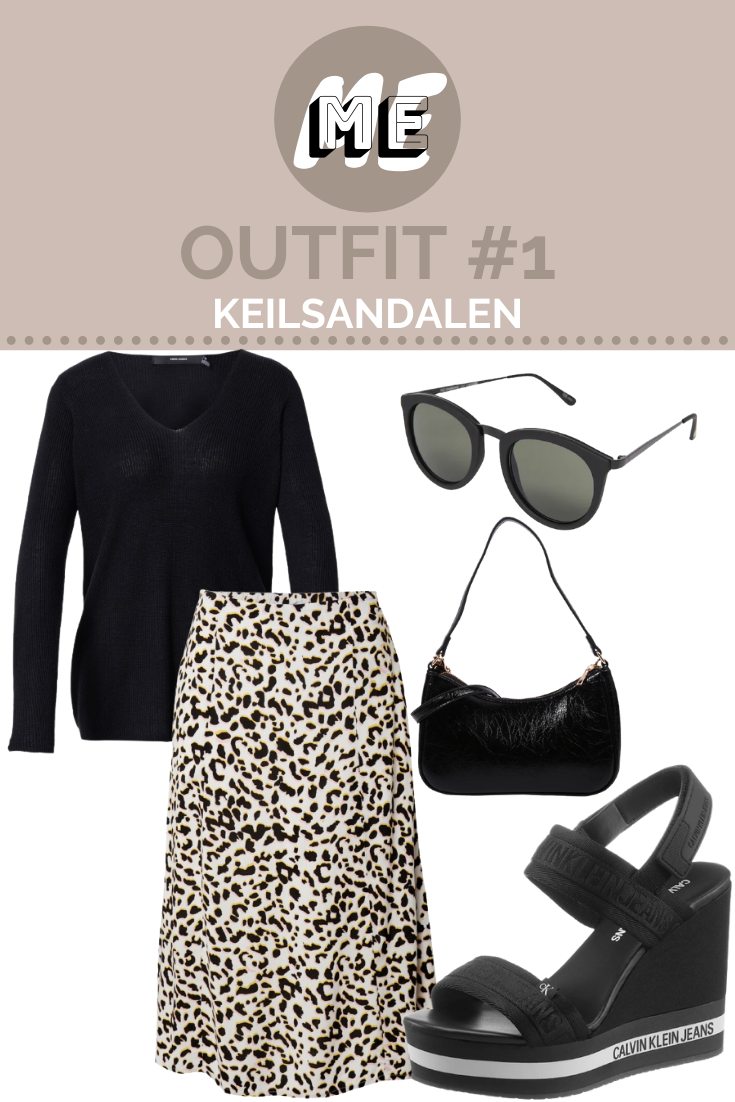 Collage für Damen Sandalen mit schwarzen Pullover, Keilsandalen, Handtasche, Sonnenbrille und einem Plisseerock mit Animal-Print.