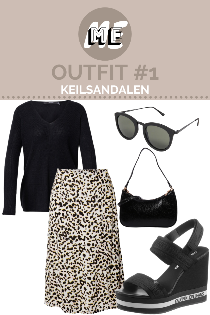 Keilsandalen kombinieren Collage für Damen Sandalen mit schwarzen Pullover, Keilsandalen, Handtasche, Sonnenbrille und einem Plisseerock mit Animal-Print.