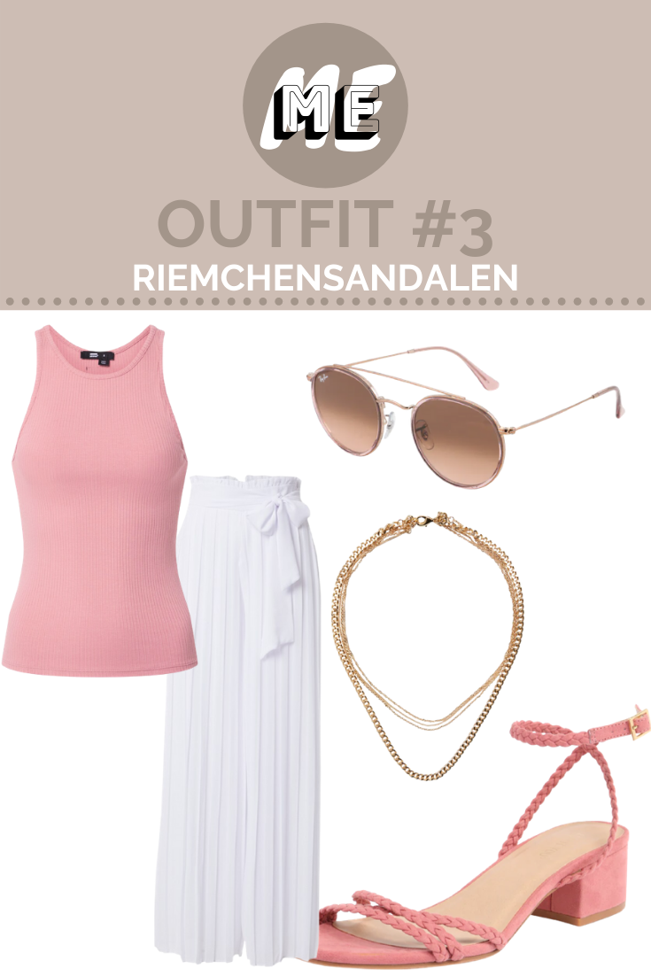Riemchensandalen kombinieren Collage für Damen Sandalen mit rosa Riemchensandalen, einem rosa Top, einer weißen Marlenehose, einer Sonnenbrille und Kette.