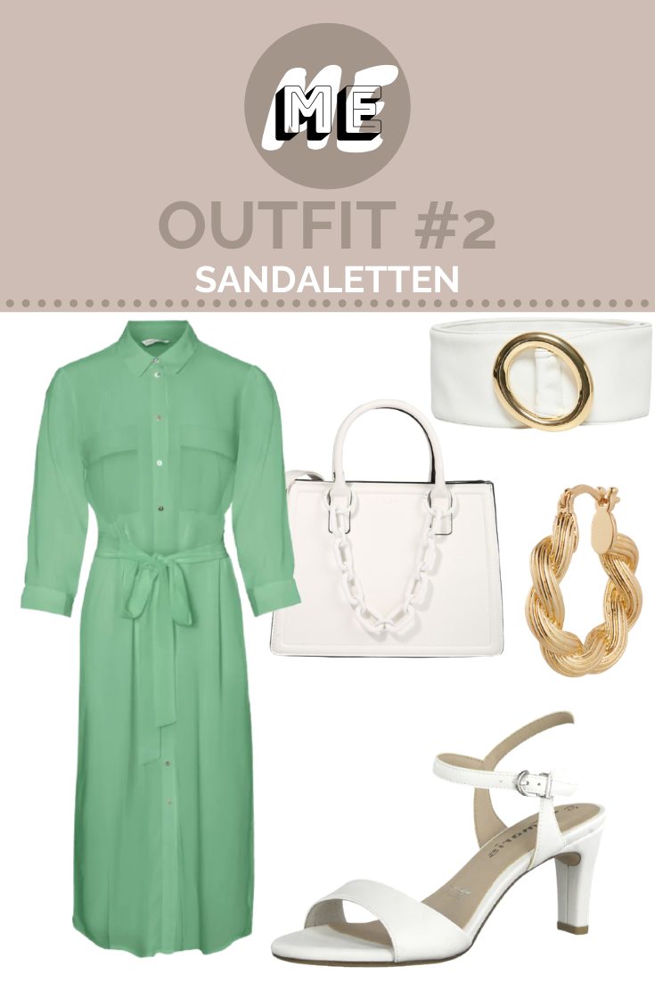 Collage für Damen Sandalen mit weißen Sandaletten, einer weißen tasche und einem Gürtel sowie goldenen Ohrringen und einem grünen Blusenkleid.