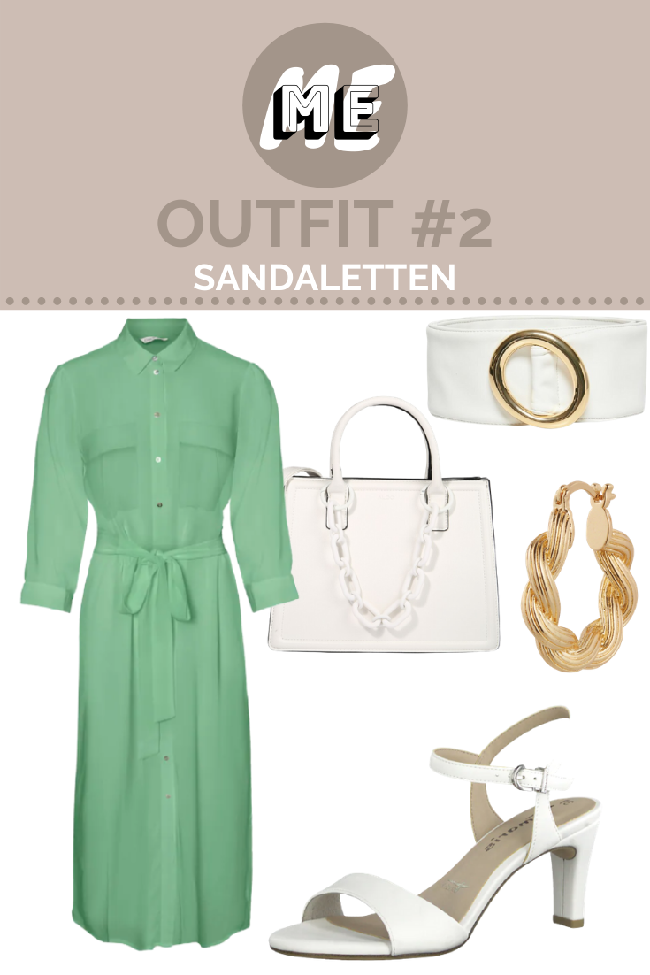Sandaletten kombinieren Collage für Damen Sandalen mit weißen Sandaletten, einer weißen tasche und einem Gürtel sowie goldenen Ohrringen und einem grünen Blusenkleid.