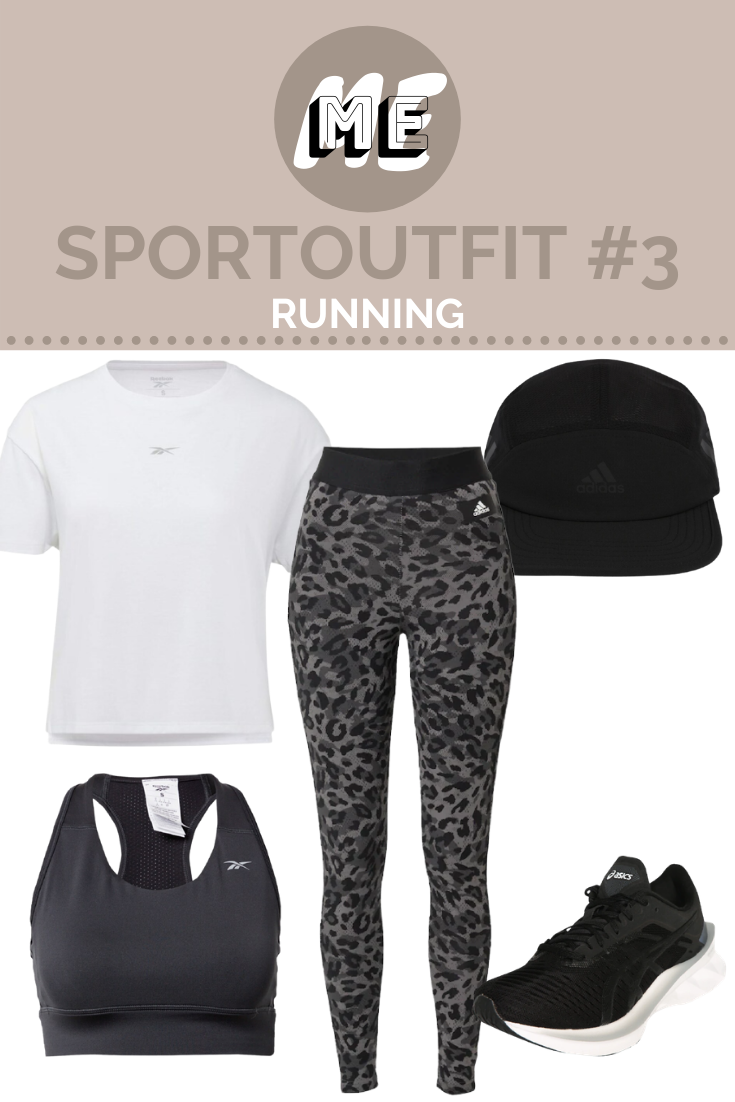 Sportoutfit für das Laufen Collage für Sportoutfits mit Laufhose mit Animalprint, weißem Shirt, schwarzen Sport-BH, schwarzer Cap und Schuhen.