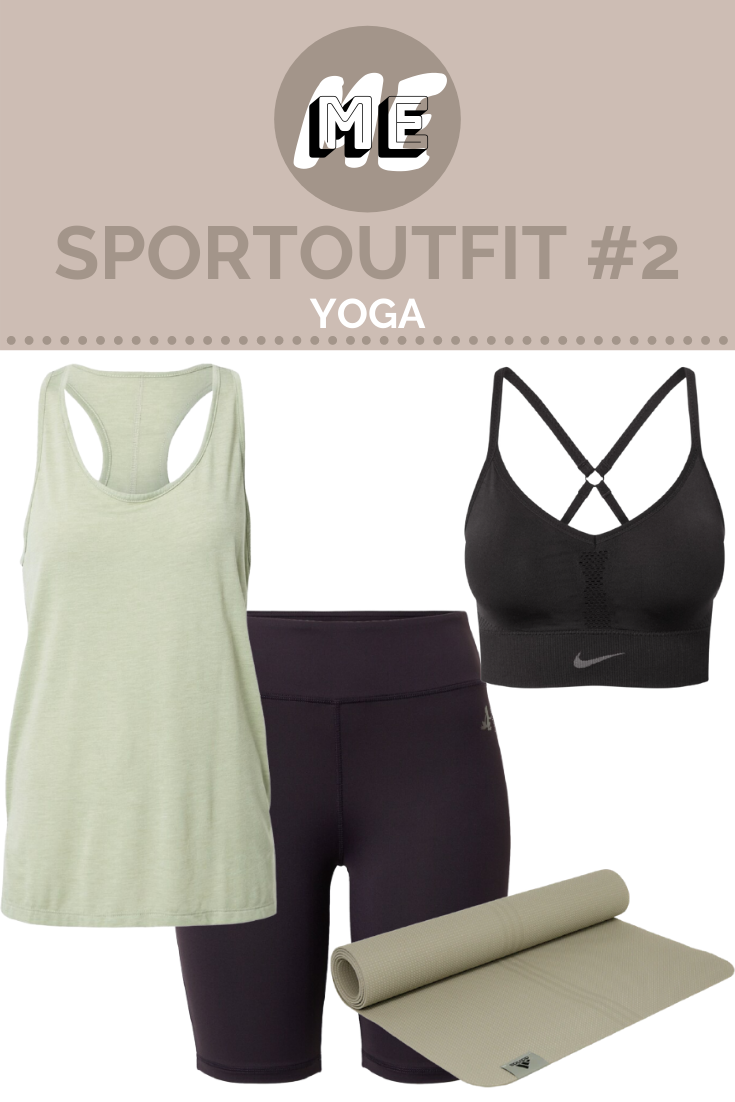 Sportoutfit für Yoga Collage für Sportoutfits mit grünen Yoga-Top und -Matte und schwarzer Shorts und einem Sport-BH.
