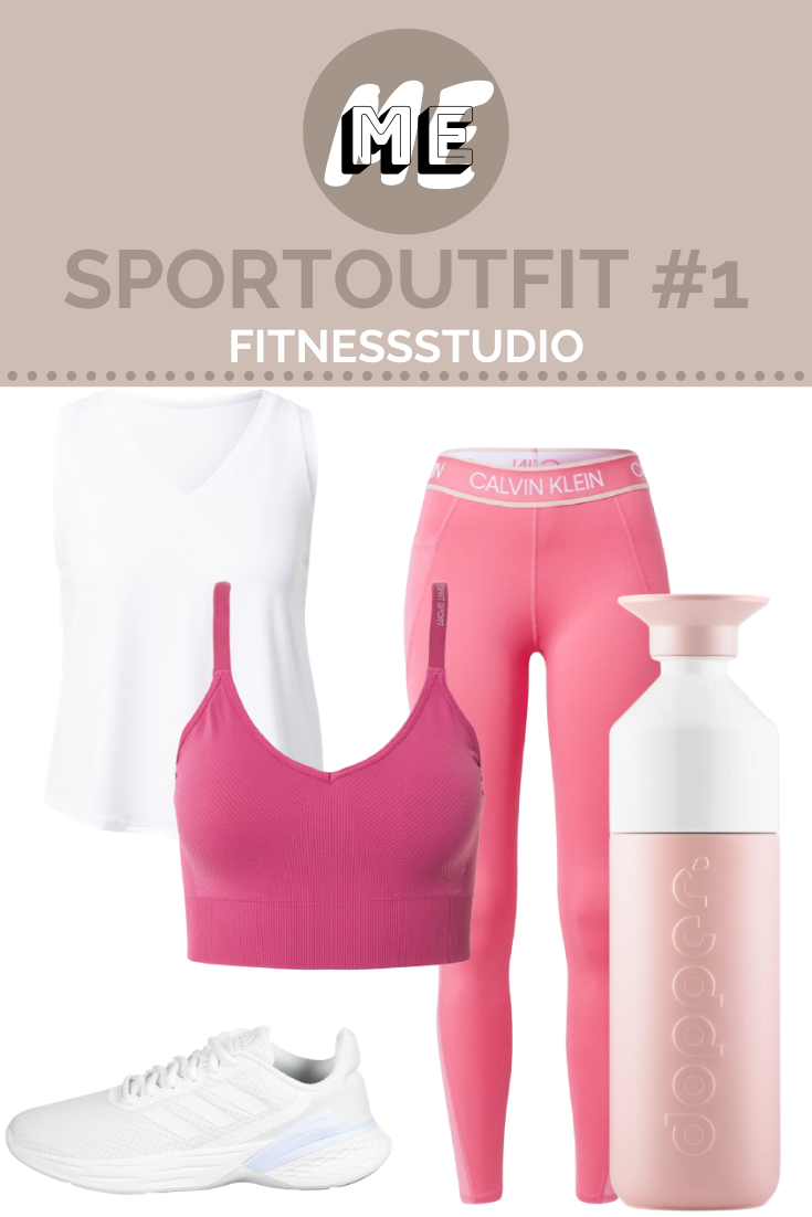 Sportoutfits Fitnessstudios Collage für Sportoutfits mit pinken Sport-BH, pinker Hose, weißem Shirt, weißen Schuhen und rosa Trinkflasche.