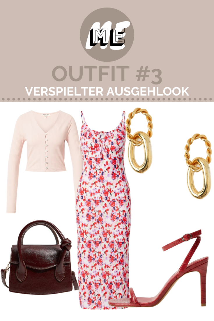 Ausgehlook mit Trendfarbe Rosa Collage mit rosa Kleid und Cardigan, goldenen Ohrringen und roter Handtasche und Pumps.
