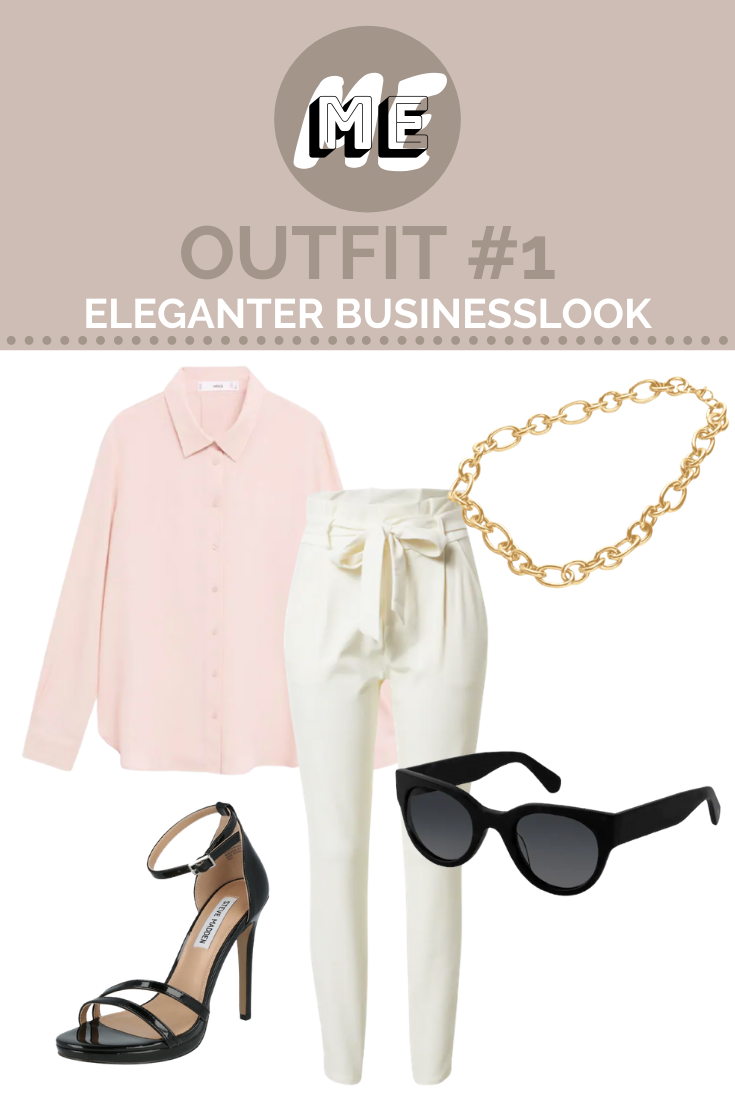 Businesslook mit Trendfarbe Rosa Collage mit rosa Bluse, weißer Paperbag-Hose, goldener Kette, schwarzen Sandaletten und Sonnenbrille.