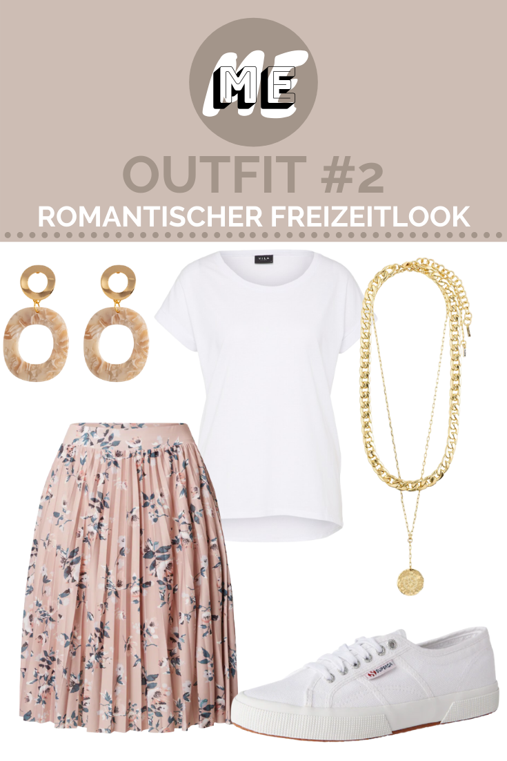 Freizeitlook mit Trendfarbe Rosa Collage mit rosa Plisseerock, weißem Shirt und Sneakern und goldenem Schmuck.