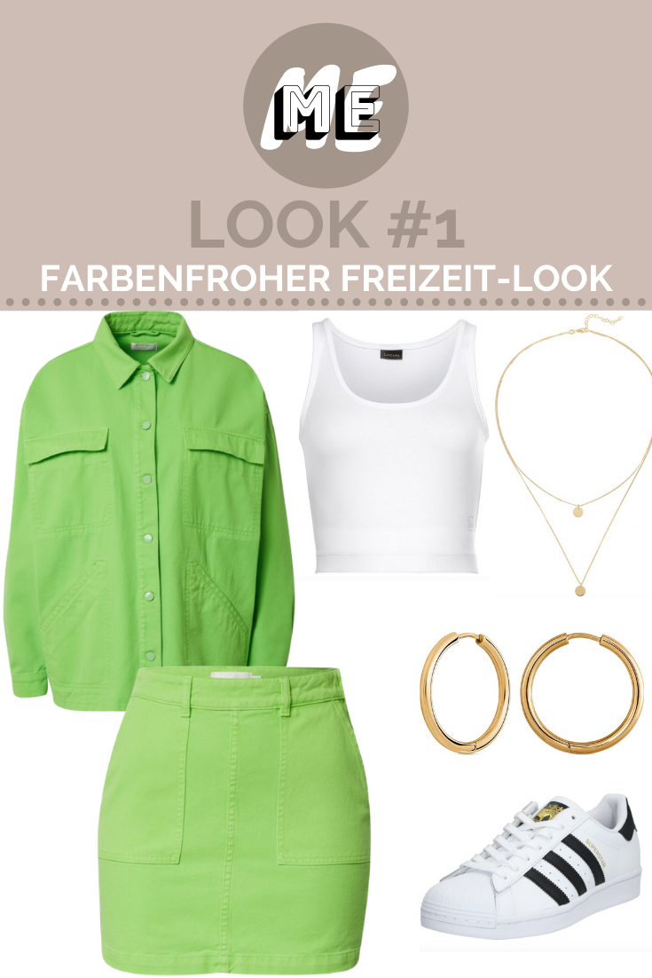 Zweiteiler als Freizeit-Look Grüner Zweiteiler aus Jacke und Rock mit weißen Sneakern, weißem Shirt und goldenen Schmuck.