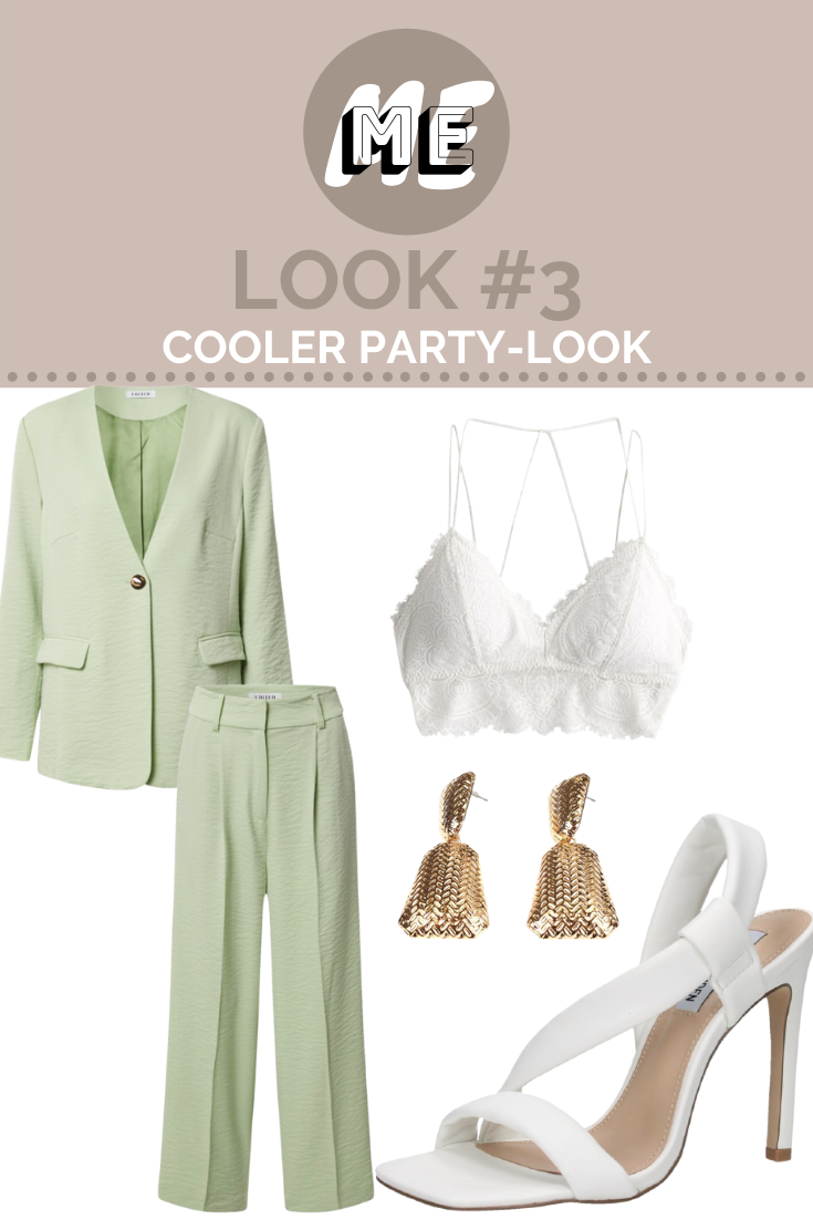 Zweiteiler für die Party Collage mit einem mintgrünen Zweiteiler, einem weißen Bralette, goldenen Ohrringen und einer weißen Sandaletten.